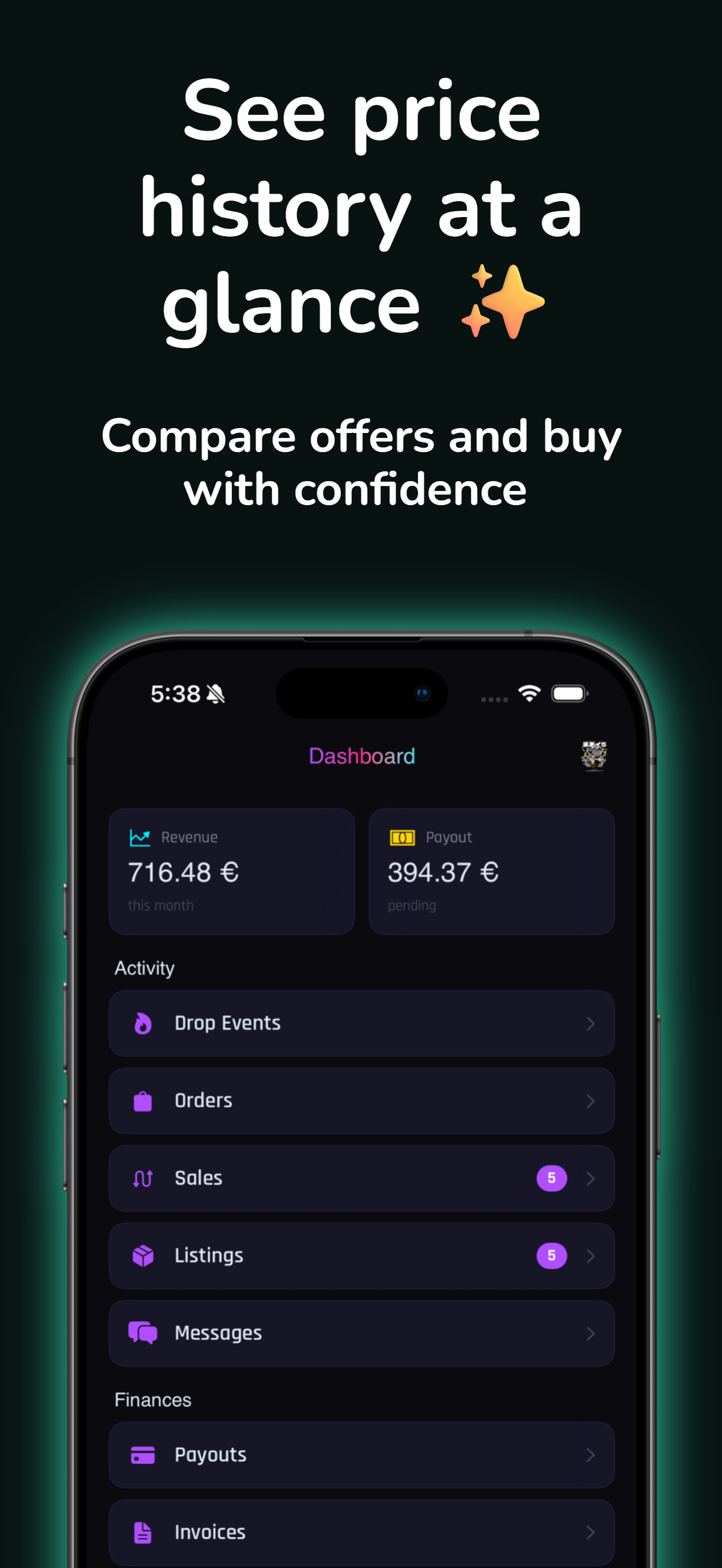 ANIICHI Cards App — Seller Dashboard with revenue, payouts, and order management